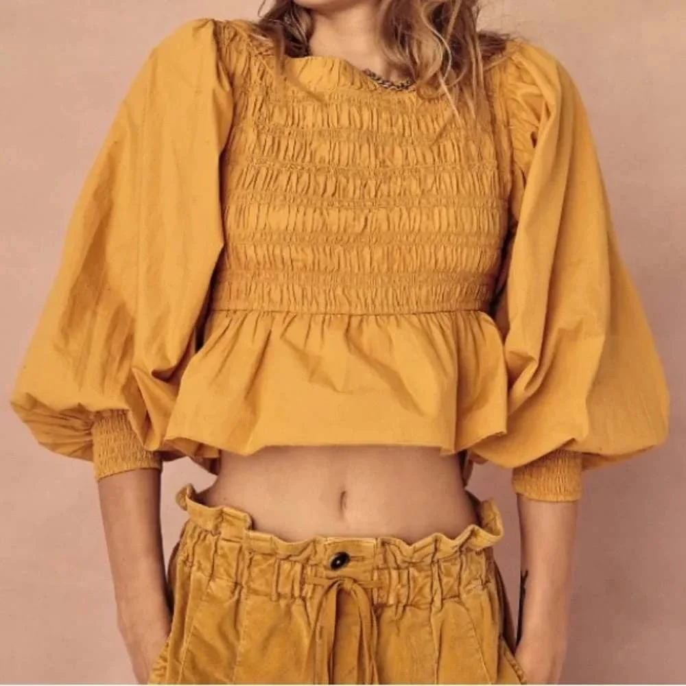 Free People Whoa Smocked Top M Mustard Yellow Poplin Puff Sleeve Peplum Blouse